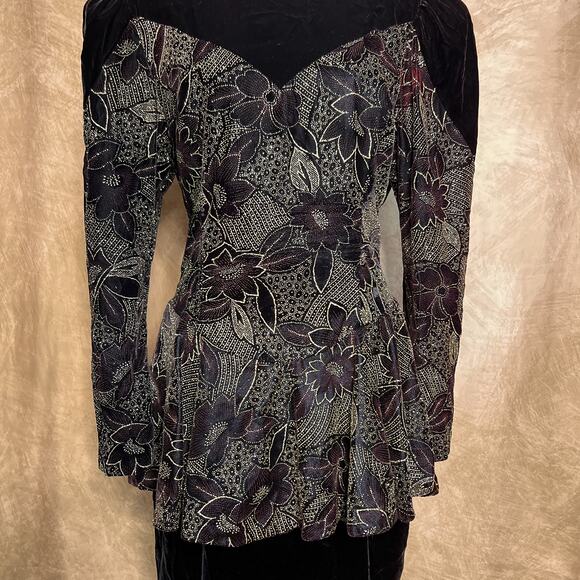 Vintage 90s Jessica McClintock Velvet Floral Peplum Dress Leg of Mutton Sleeve - Picture 6 of 10